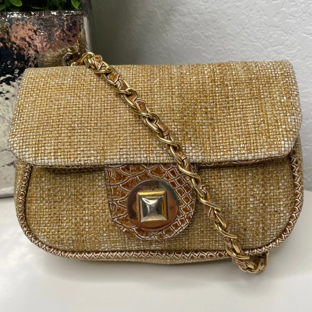 Pinko Womens Crossbody‎ Bag Gold Chain Straw Look Tan and Gold